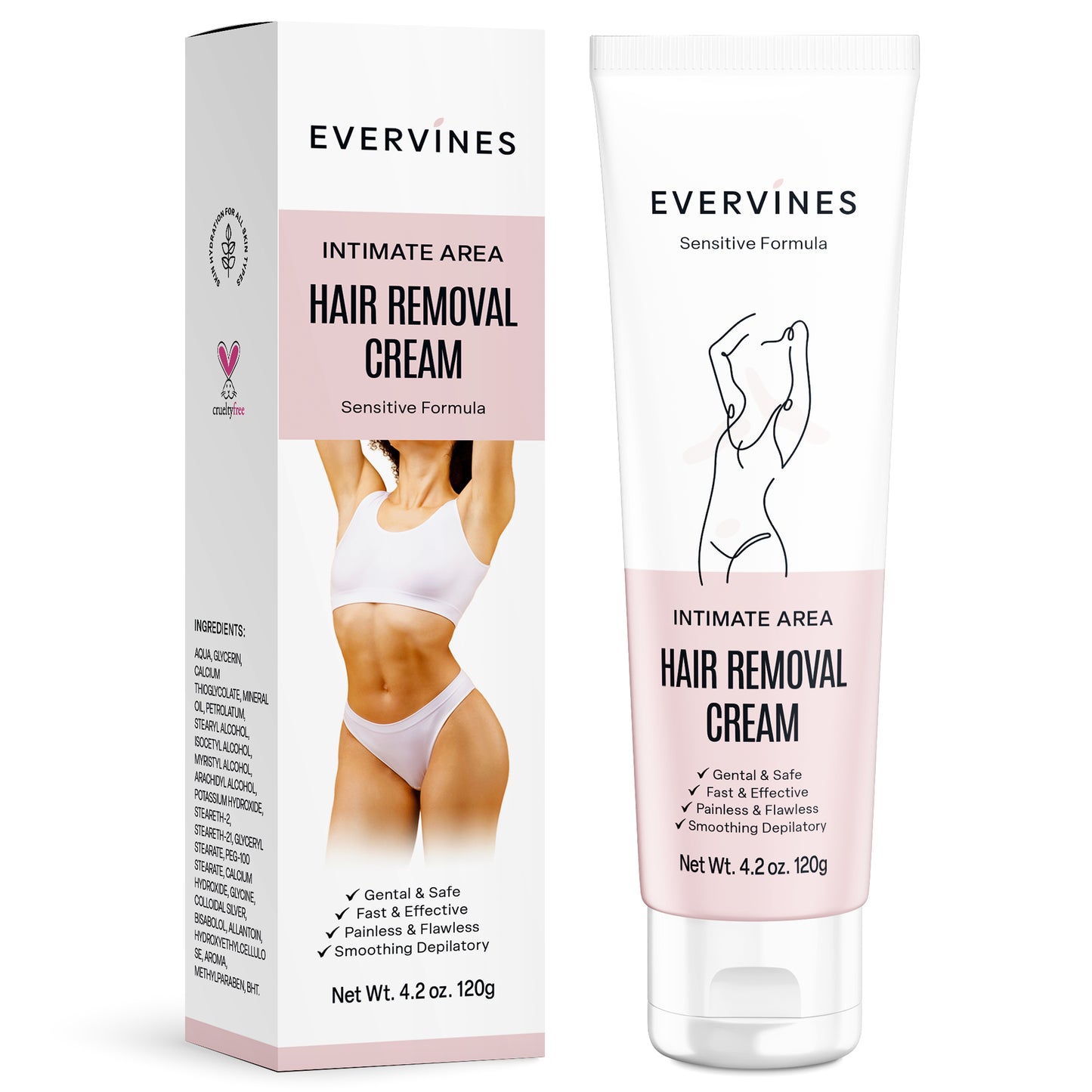 Evervines Intimate Hair Removal Cream: Women and Men Home Use - Whole Body Bikini Line Face Leg Underarm Area Depilatory with Scraper (4.2oz).